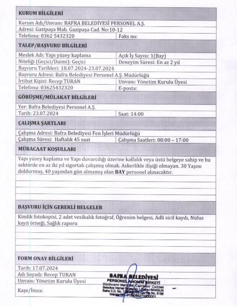 Bafra Belediyesi Yüzey Kaplama İşçisi Alacak